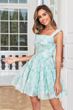 Cute A Line Blue Printed Short Graduation Dress