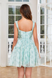 Cute A Line Off the Shoulder Blue Printed Short Graduation Dress with Ruffles