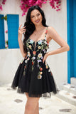 Stylish A Line Spaghetti Straps Black Short Graduation Dress with Appliques