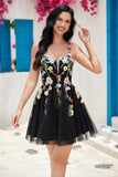 Stylish A Line Spaghetti Straps Black Short Graduation Dress with Appliques