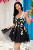 Stylish A Line Spaghetti Straps Black Short Graduation Dress with Appliques