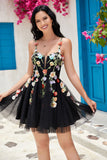 Stylish A Line Spaghetti Straps Black Short Graduation Dress with Appliques