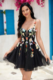 Stylish A Line Spaghetti Straps Black Short Graduation Dress with Appliques