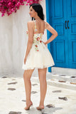 Stylish A Line Spaghetti Straps Champagne Short Graduation Dress with Appliques