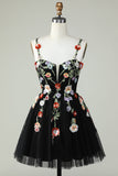 Spaghetti Straps Black A Line Sequin Flowers Graduation Dress