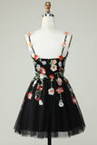 Spaghetti Straps Black A Line Sequin Flowers Graduation Dress