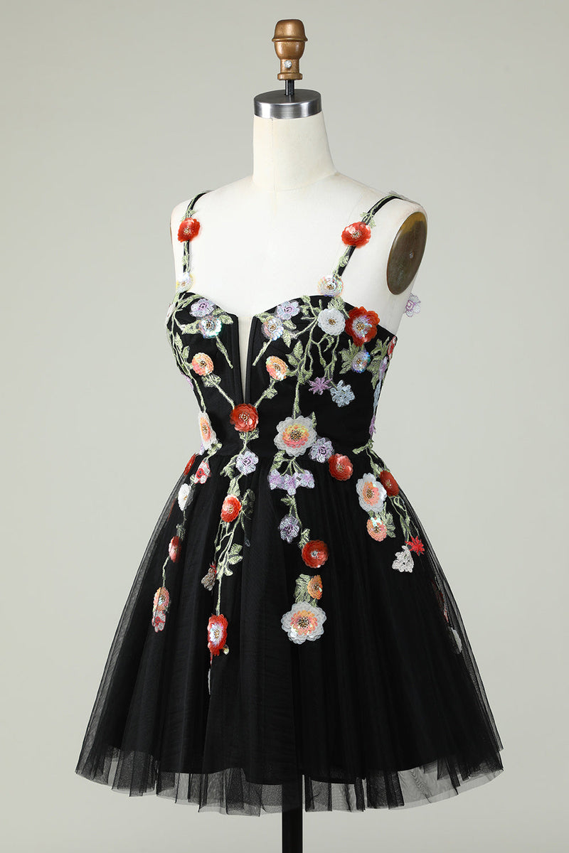 Load image into Gallery viewer, Spaghetti Straps Black A Line Sequin Flowers Graduation Dress