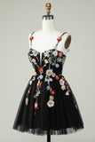 Spaghetti Straps Black A Line Sequin Flowers Graduation Dress