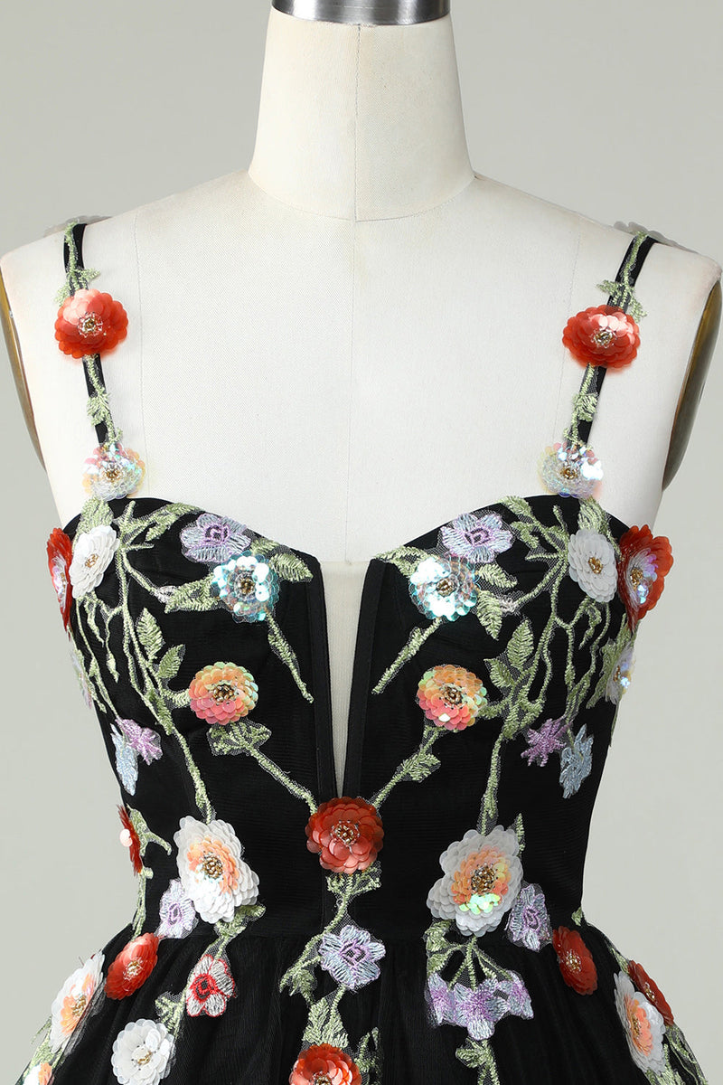Load image into Gallery viewer, Spaghetti Straps Black A Line Sequin Flowers Graduation Dress