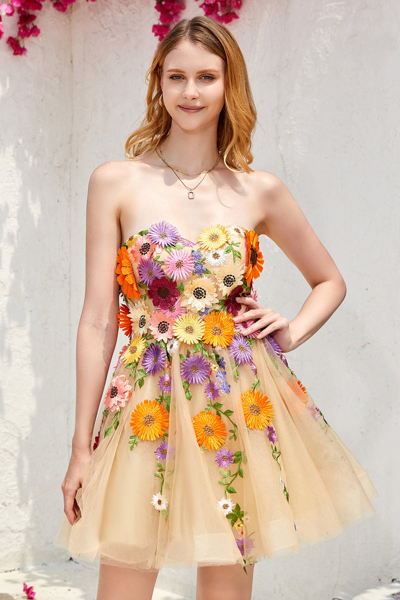 Load image into Gallery viewer, Champagne Strapless Graduation Dress with 3D Flowers