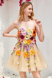 Champagne Strapless Graduation Dress with 3D Flowers