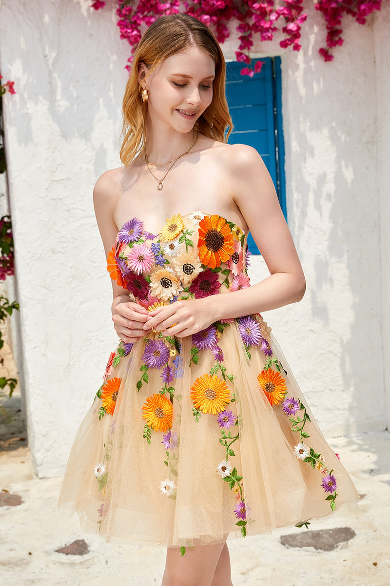 Load image into Gallery viewer, Champagne Strapless Graduation Dress with 3D Flowers