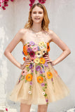 Champagne Strapless Graduation Dress with 3D Flowers