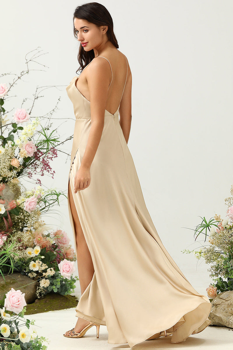 Load image into Gallery viewer, Spaghetti Straps Champagne Wedding Guest Dress with Slit