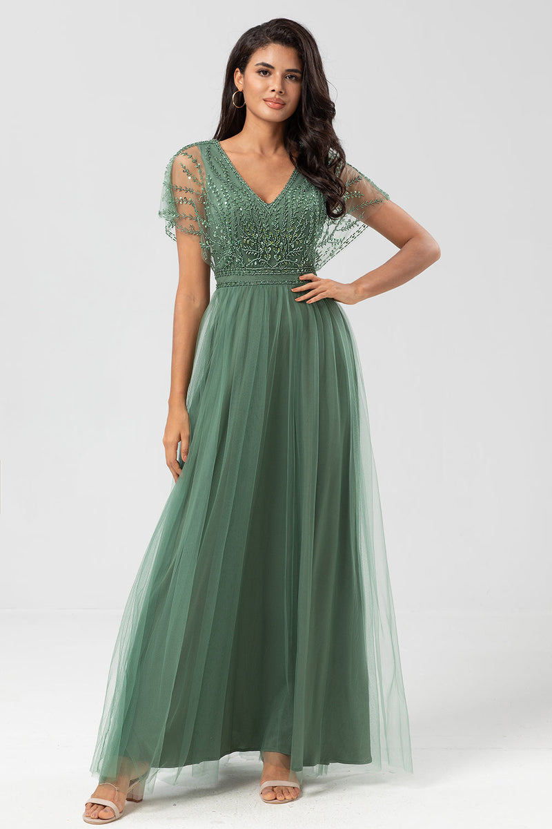 Load image into Gallery viewer, Epitome of Romance A-Line V Neck Eucalyptus Long Bridesmaid Dress with Beading