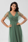 Epitome of Romance A-Line V Neck Eucalyptus Long Bridesmaid Dress with Beading