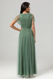 Epitome of Romance A-Line V Neck Eucalyptus Long Bridesmaid Dress with Beading