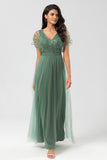 Epitome of Romance A-Line V Neck Eucalyptus Long Bridesmaid Dress with Beading