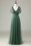 Epitome of Romance A-Line V Neck Eucalyptus Long Bridesmaid Dress with Beading