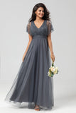 Epitome of Romance A-Line V Neck Eucalyptus Long Bridesmaid Dress with Beading