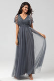 Epitome of Romance A-Line V Neck Eucalyptus Long Bridesmaid Dress with Beading