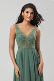 Confidently Charismatic A Line V Neck Eucalyptus Long Bridesmaid Dress with Beading