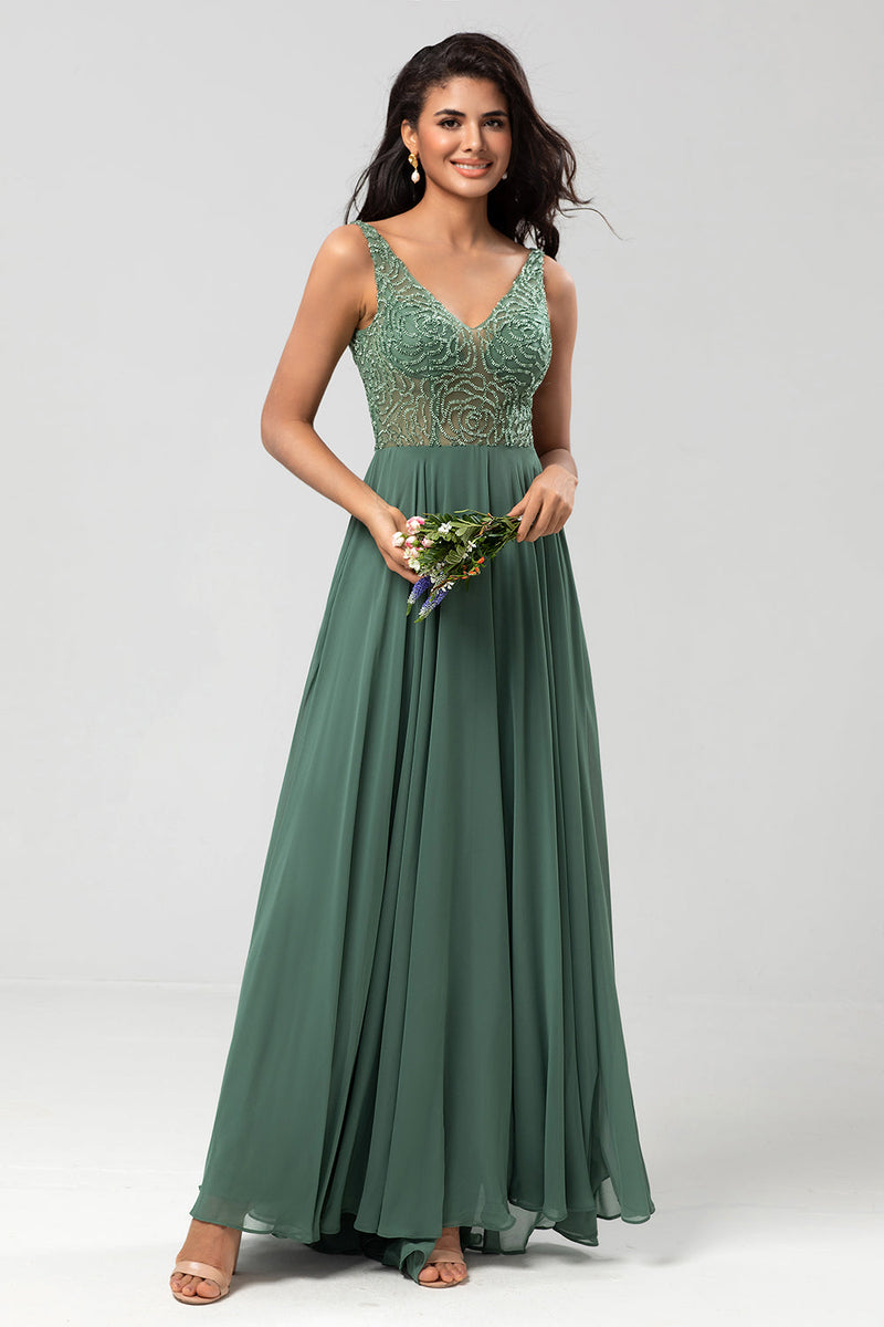 Load image into Gallery viewer, Confidently Charismatic A Line V Neck Eucalyptus Long Bridesmaid Dress with Beading
