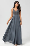 Confidently Charismatic A Line V Neck Eucalyptus Long Bridesmaid Dress with Beading