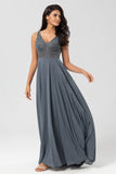 Confidently Charismatic A Line V Neck Eucalyptus Long Bridesmaid Dress with Beading