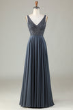 Confidently Charismatic A Line V Neck Eucalyptus Long Bridesmaid Dress with Beading