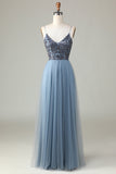 Chic Romantic A Line Spaghetti Straps Dusty Blue Long Bridesmaid Dress with Beading