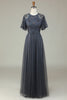 Load image into Gallery viewer, Classic Elegance A-Line Jewel Neck Grey Long Bridesmaid Dress with Short Sleeves