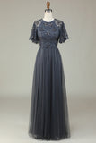 A-Line Tulle Beaded Long Grey Bridesmaid Dress with Appliques