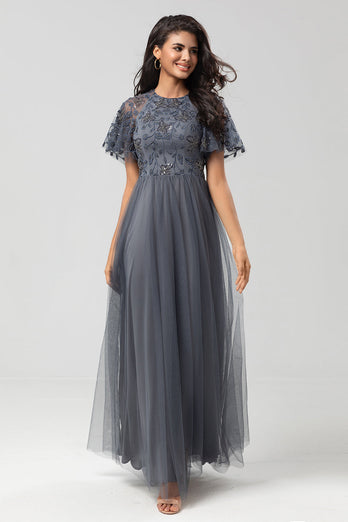 Classic Elegance A-Line Jewel Neck Grey Long Bridesmaid Dress with Short Sleeves