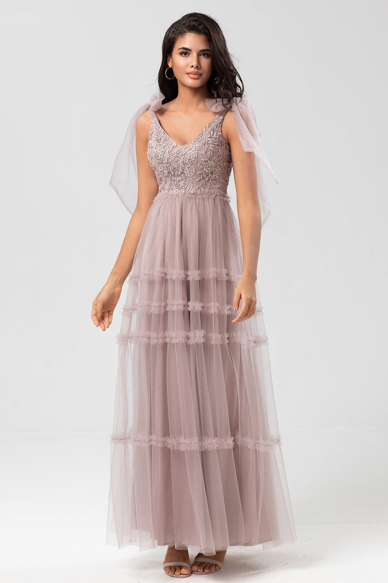 Load image into Gallery viewer, Keeper of My Heart A-Line V Neck Dusty Pink Long Bridesmaid Dress with Beading