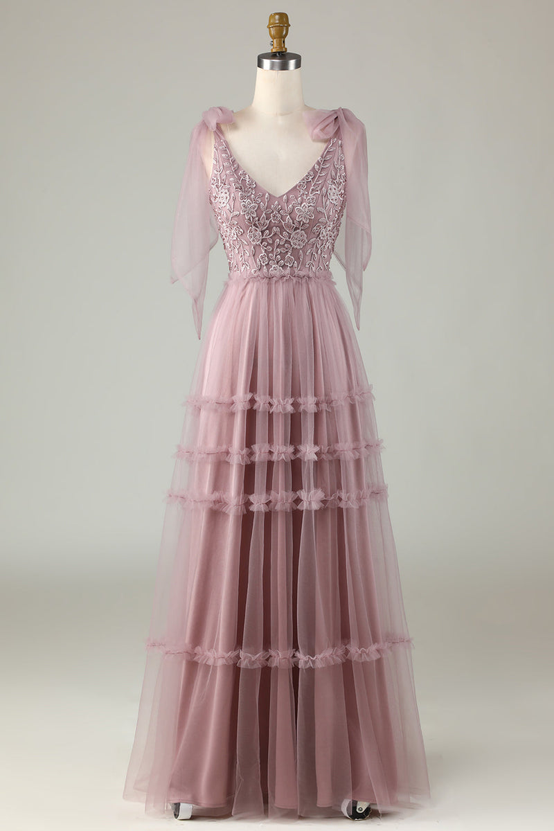 Load image into Gallery viewer, Keeper of My Heart A-Line V Neck Dusty Pink Long Bridesmaid Dress with Beading