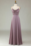 Spaghetti Straps Beaded Dusty Pink Bridesmaid Dress