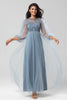Load image into Gallery viewer, Chic Romantic A Line Jewel Neck Grey Blue Long Bridesmaid Dress with Long Sleeves