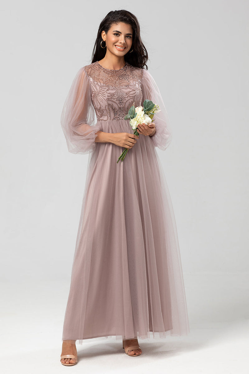 Load image into Gallery viewer, Chic Romantic A Line Jewel Neck Grey Blue Long Bridesmaid Dress with Long Sleeves