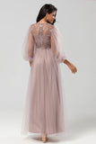 Chic Romantic A Line Jewel Neck Grey Blue Long Bridesmaid Dress with Long Sleeves