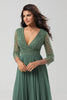 Load image into Gallery viewer, Keeper of My Heart A Line V-Neck Eucalyptus Bridesmaid Dress with Long Sleeves