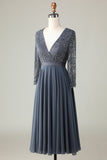 A Line Eucalyptus V-Neck Beaded Long Sleeves Bridesmaid Dress