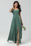 A-Line Green Long Bridesmaid Dress with Ruffles