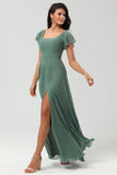 A-Line Green Long Bridesmaid Dress with Ruffles