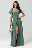 Chiffon Puff Sleeves A Line Green Bridesmaid Dress