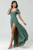 Chiffon Puff Sleeves A Line Green Bridesmaid Dress