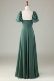 Chiffon Puff Sleeves Eucalyptus Bridesmaid Dress