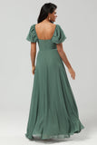 Chiffon Puff Sleeves A Line Green Bridesmaid Dress