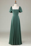 Chiffon Puff Sleeves A Line Green Bridesmaid Dress