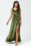 V-Neck Sleeveless A Line Olive Velvet Bridesmaid Dress with Slit